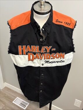 Harley-Davidson Black, Orange & White Sleeveless Button-Up Vest